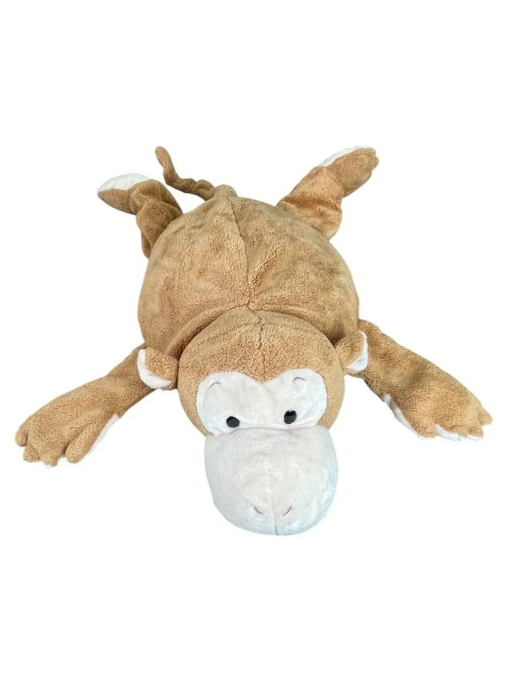 Brown Plush Monkey Stuffed Animal Toy With Beads Soft White Face & Belly Laying